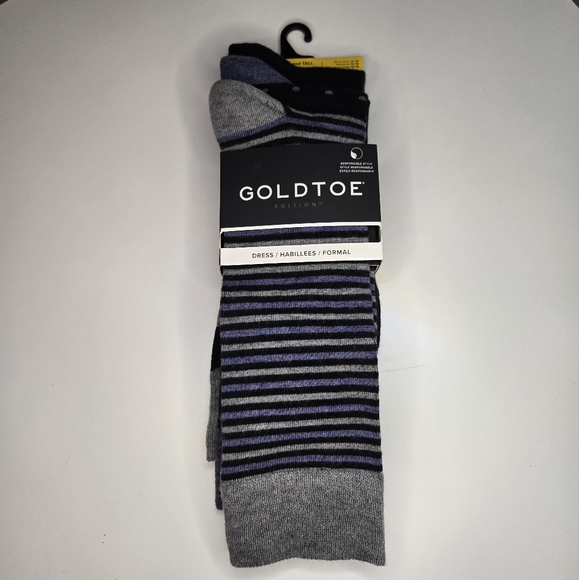Gold Toe Men's Dress Crew Socks Navy Gray Stripes Dots Big & Tall 3 Pairs 12-16 - Picture 1 of 7